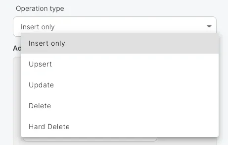 Operation type options: Append, Update, Upsert, Delete, Hard Delete