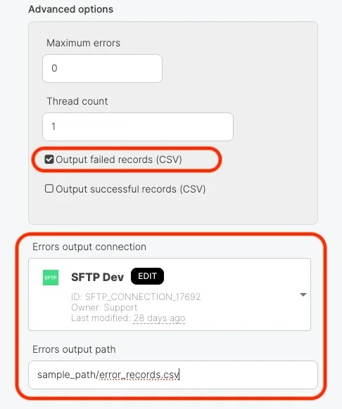 Output failed records CSV configuration with file path