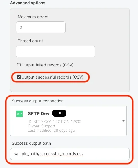 Output successful records CSV configuration with file path