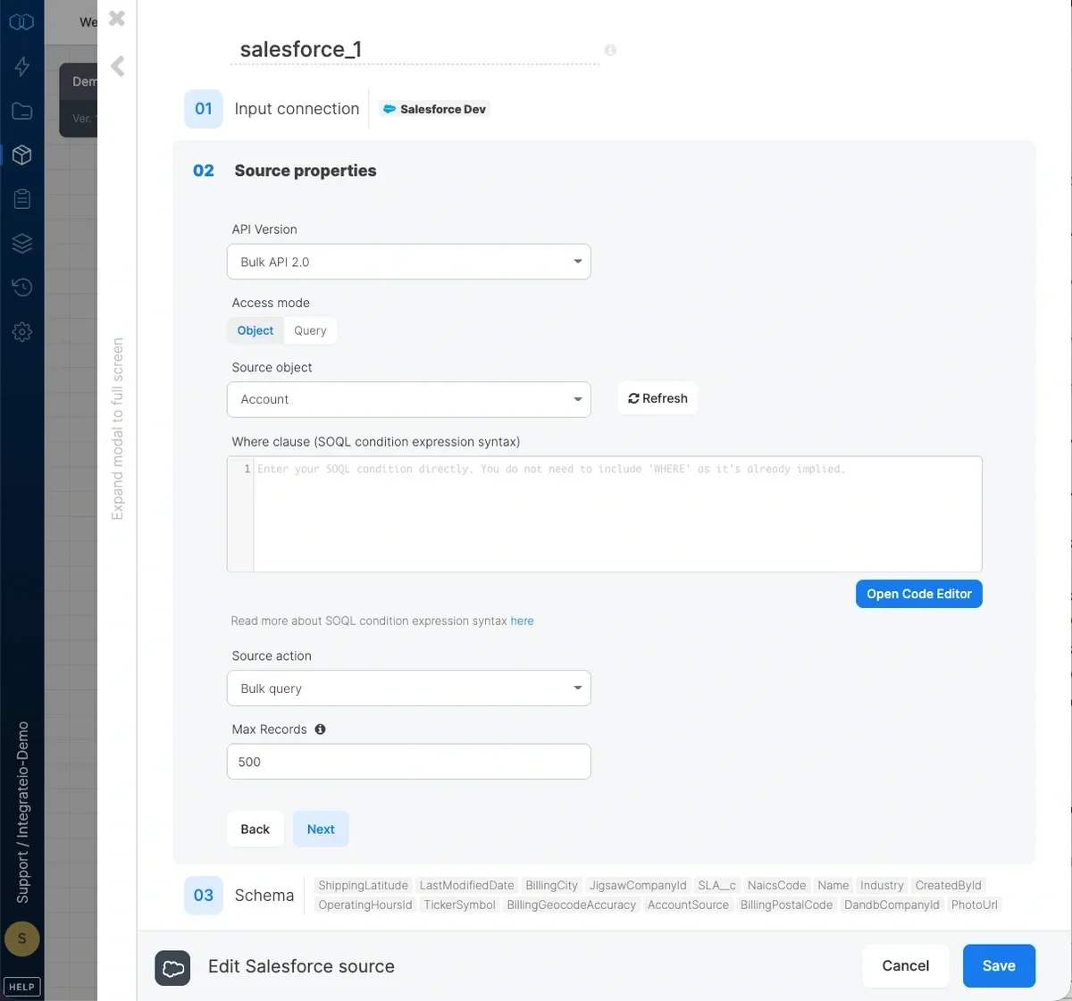 Salesforce source properties with API version, access mode, and object fields
