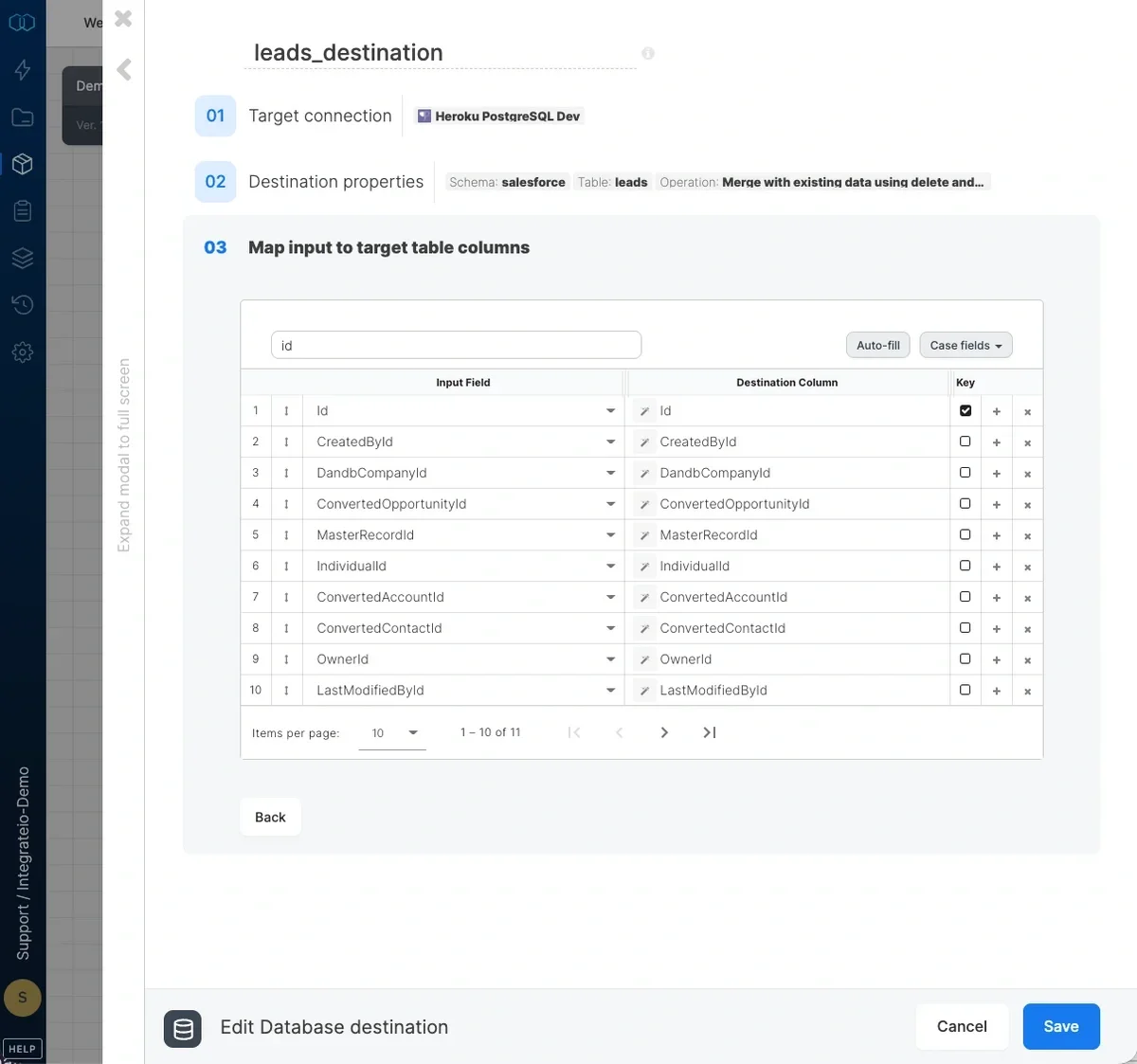Merge operation type selected in the destination component