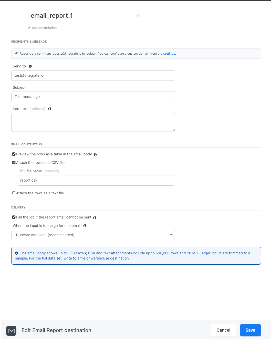 Email Report component editor showing recipients, email contents, and delivery options