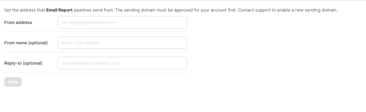 Email Sender settings with from address, from name, and reply-to fields