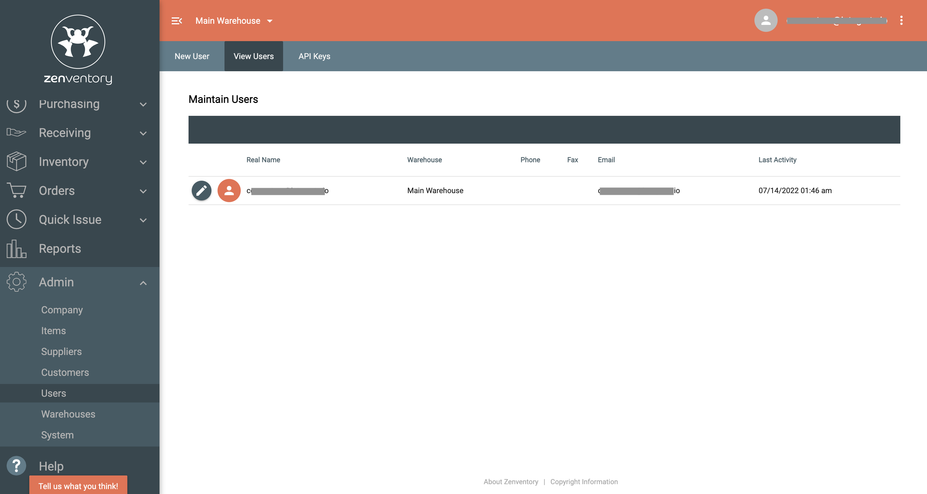 Zenventory Admin menu with Users and API Keys navigation