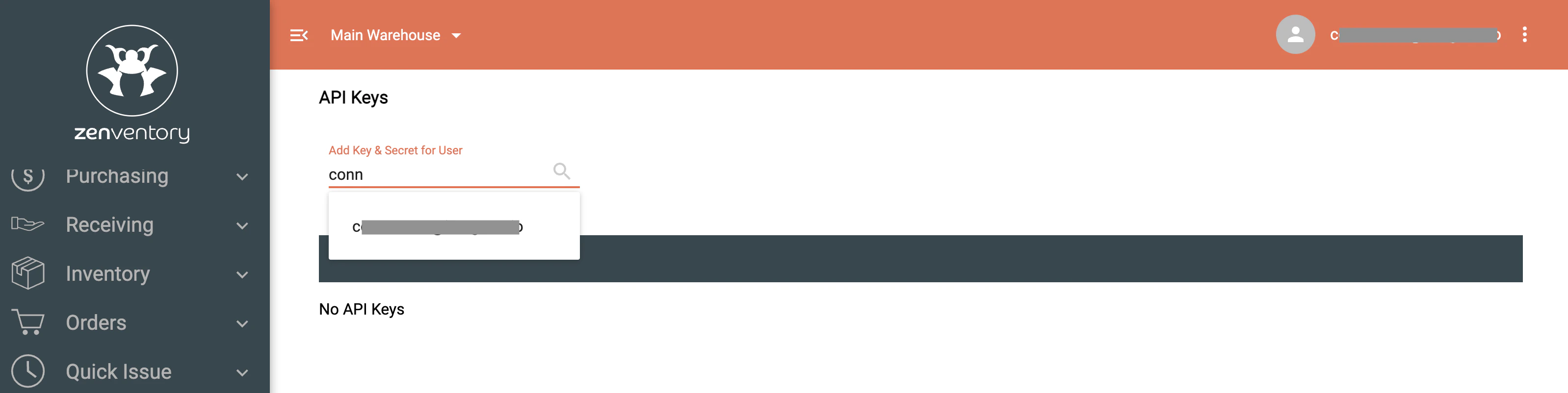 Zenventory API Keys page with user selection to generate key