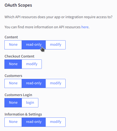 BigCommerce OAuth scopes list with read-only permissions selected