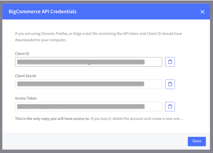 BigCommerce API credentials displayed after saving the token