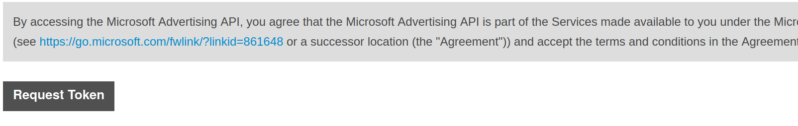 Microsoft Advertising developer account page with Request Token button