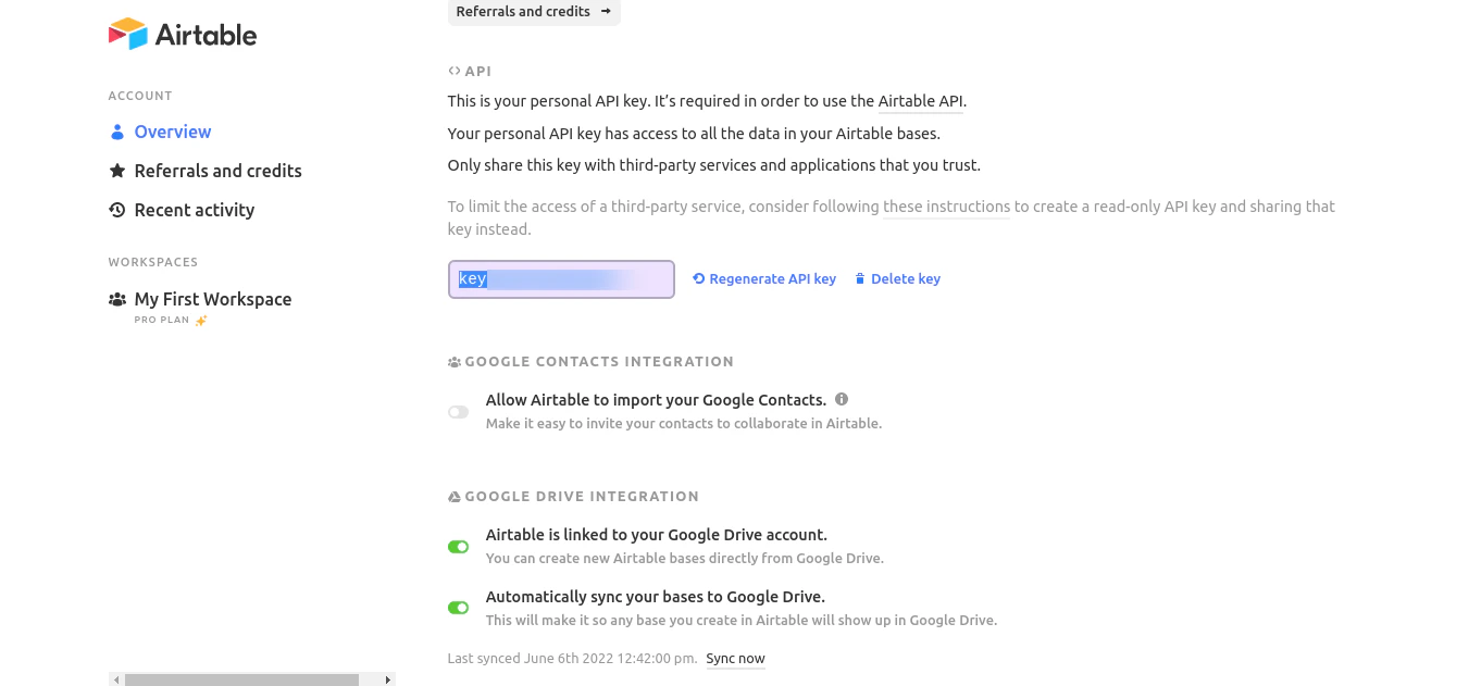Airtable account page showing the API key field