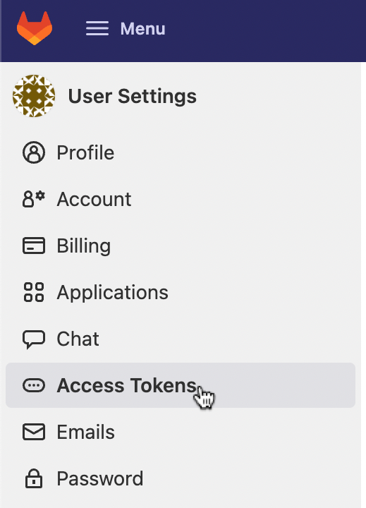Access Tokens option in the GitLab preferences side panel