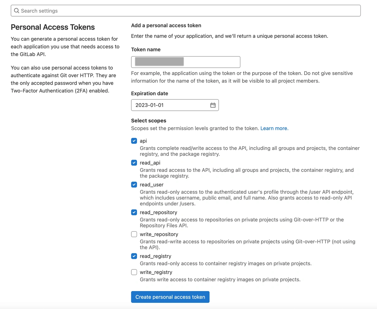Creating a GitLab personal access token with required scopes selected