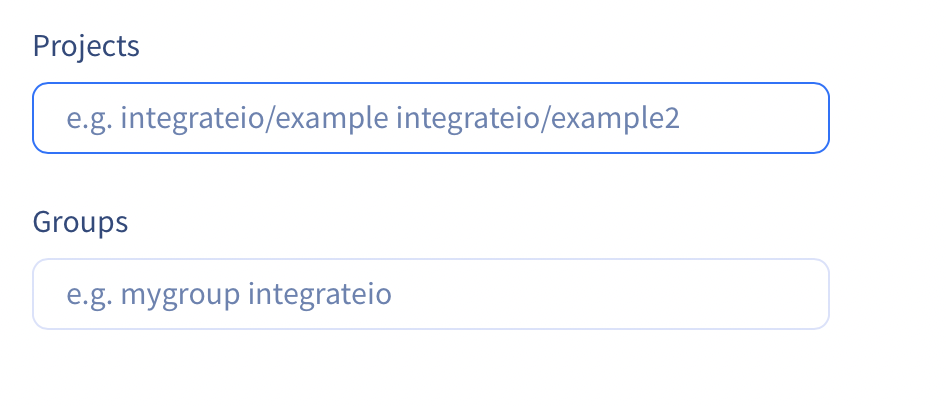 Groups and projects input fields in the Integrate.io GitLab source form