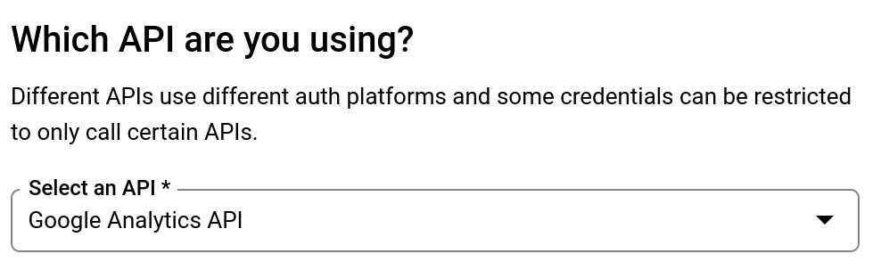 Selecting Google Analytics API in the credentials setup wizard