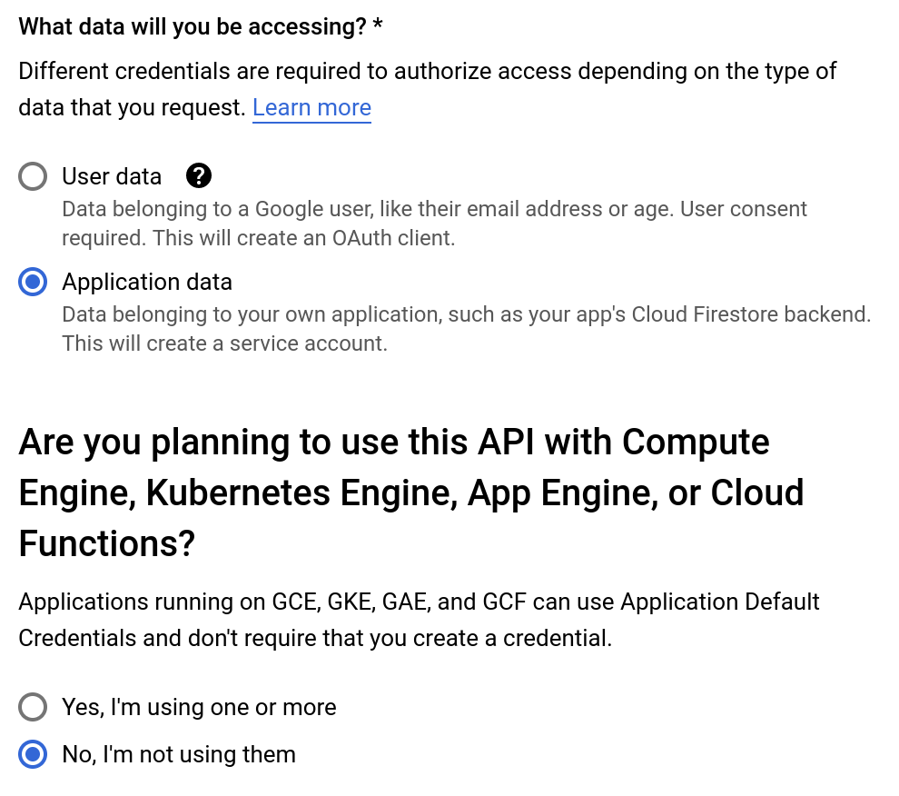 Choosing Application data and No, I'm not using them options