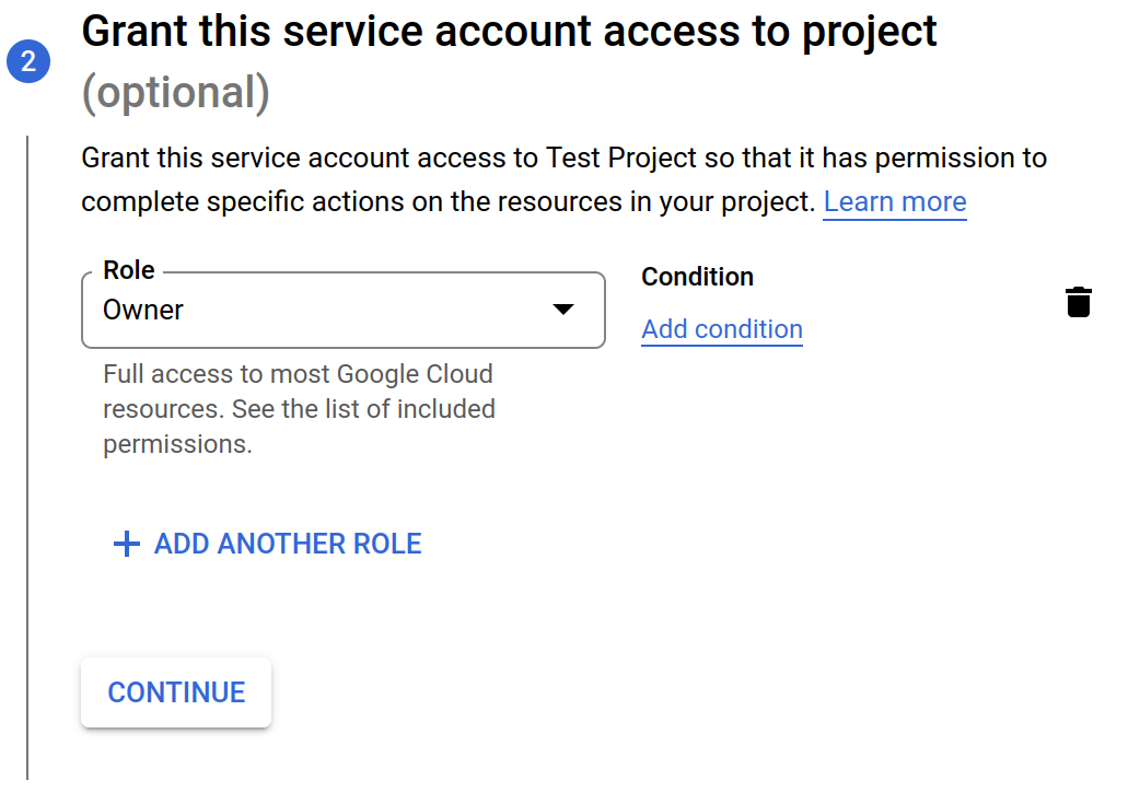 Setting the Owner role for the service account