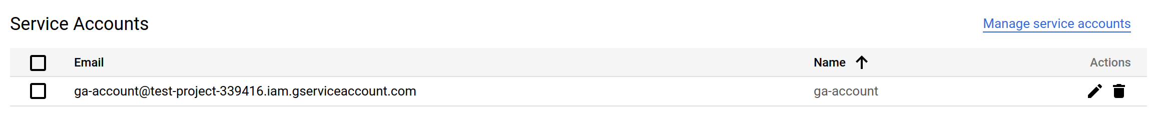 Service Accounts section on the Google Cloud Credentials page