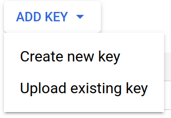Keys tab with Create new key button for the service account
