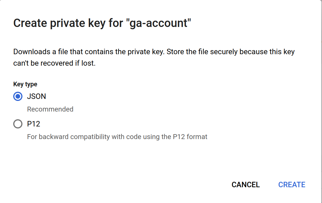 Create private key dialog with JSON key type selected