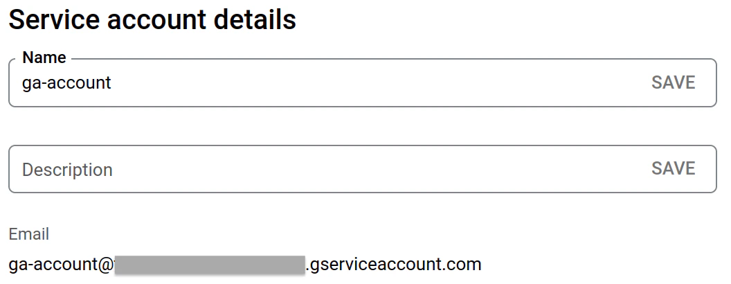 Service account details page showing the client email address
