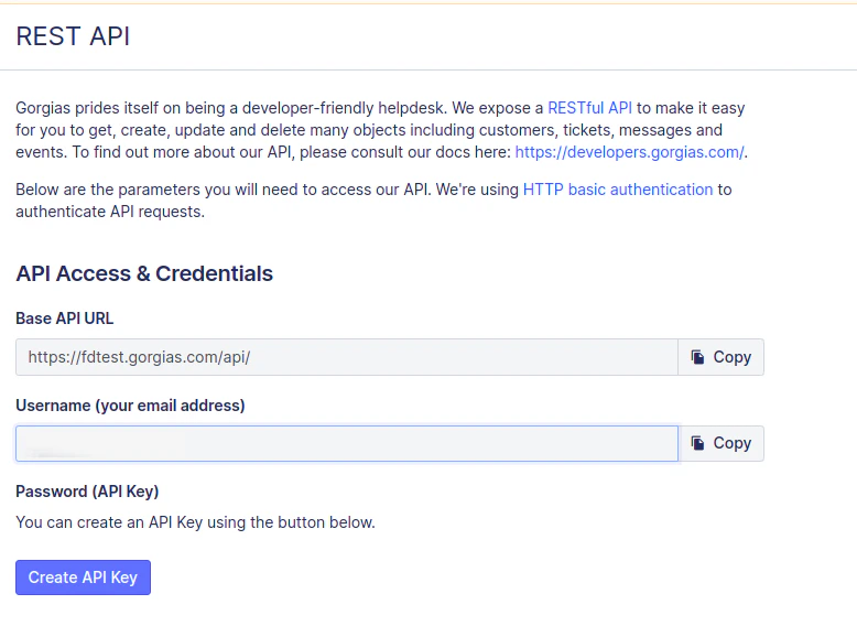 Gorgias REST API page with Base URL, Username, and API Key