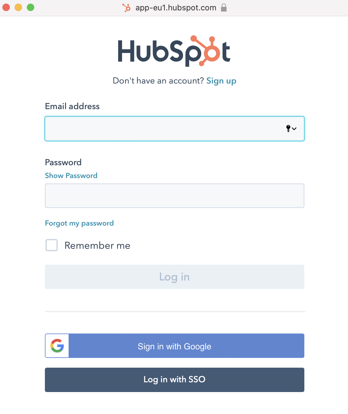 HubSpot OAuth sign-in and authentication prompt