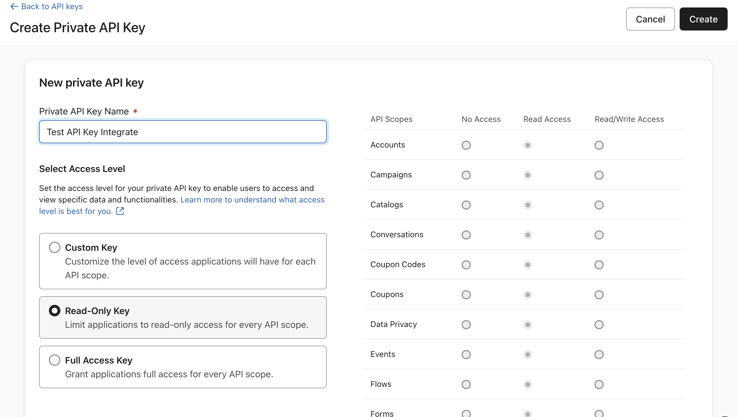 Klaviyo API key name and Read-Only Key scope selection