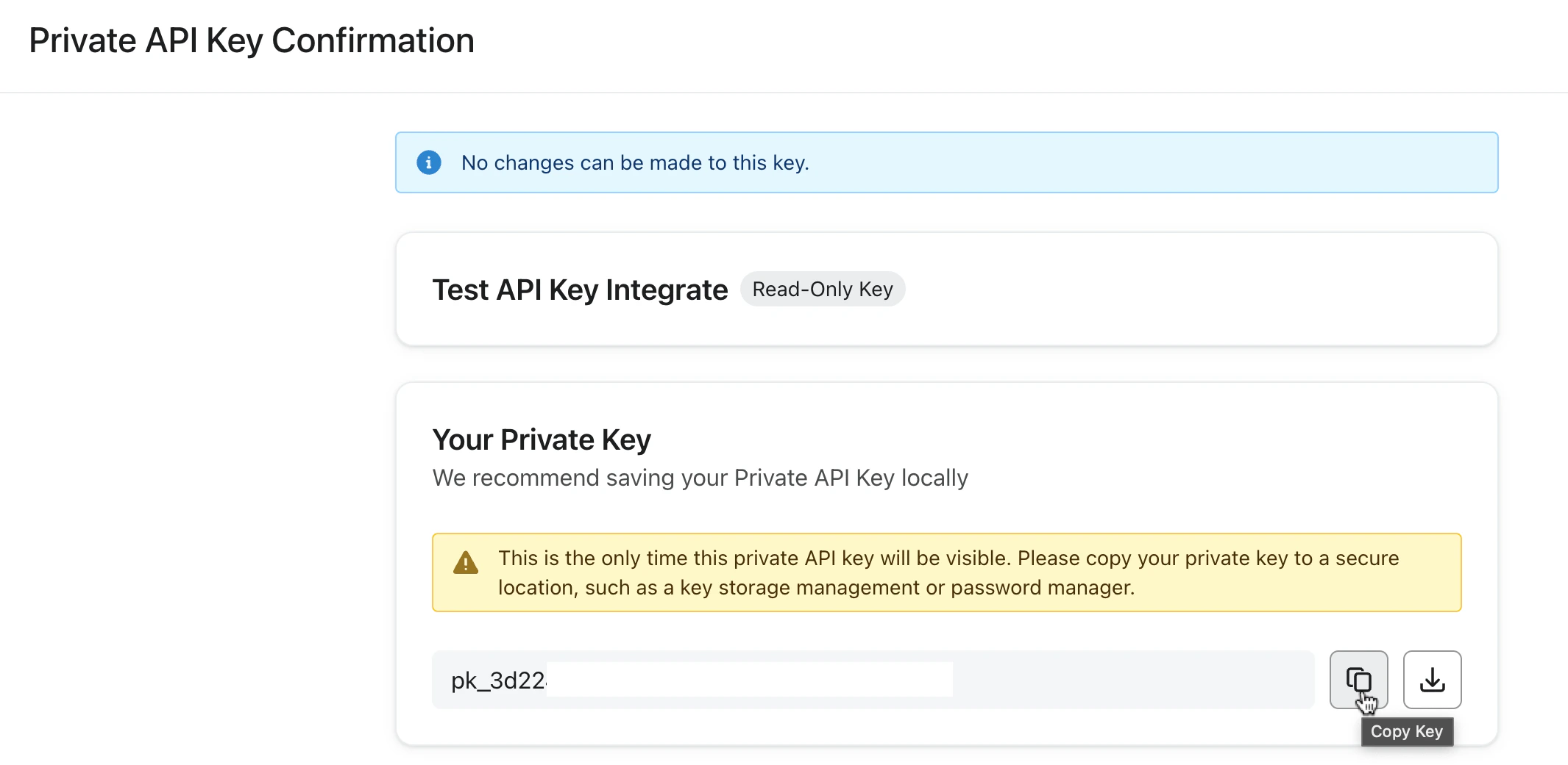Klaviyo Private API Key confirmation page with key to copy