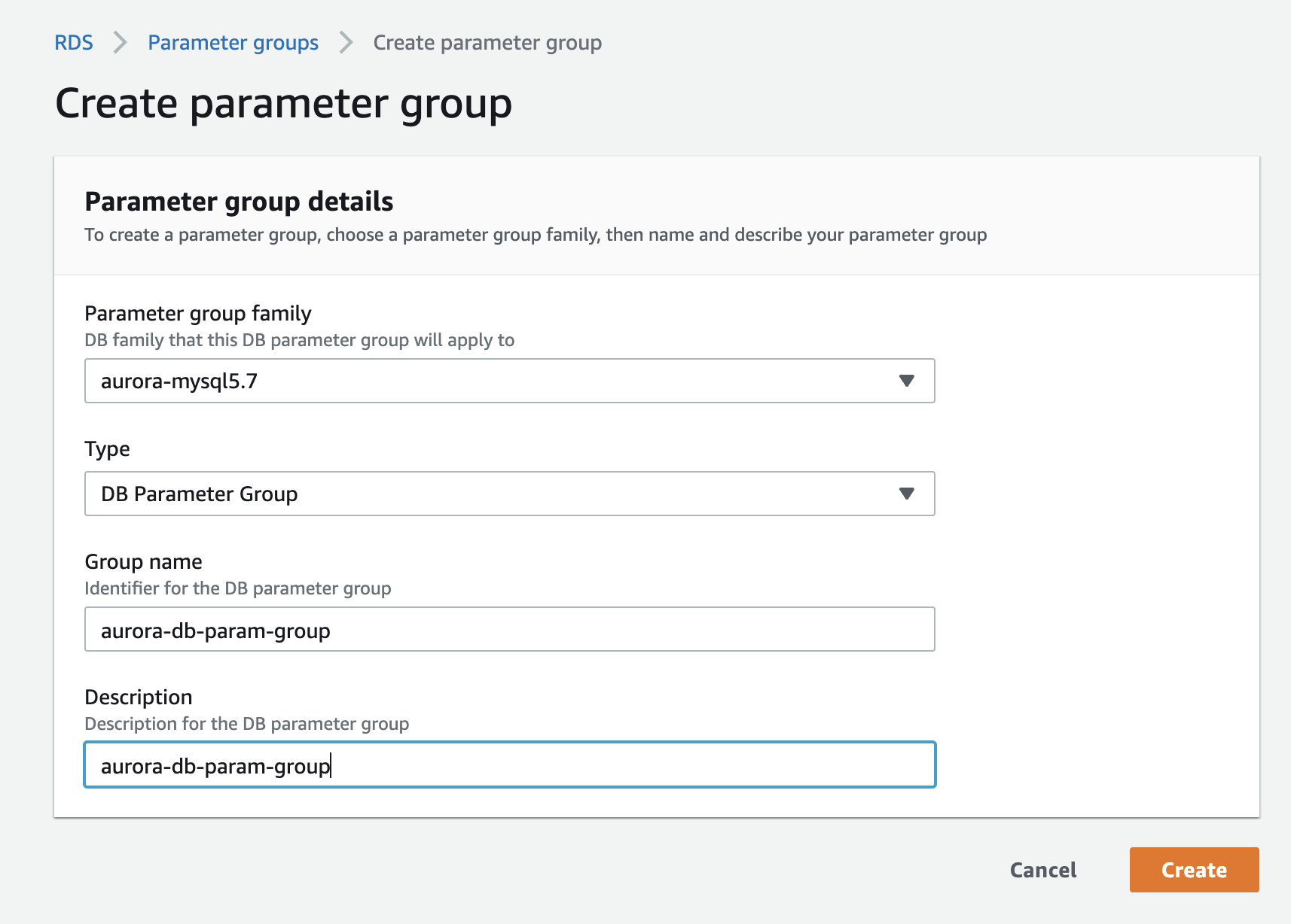 Creating a new DB Parameter Group in the AWS RDS console