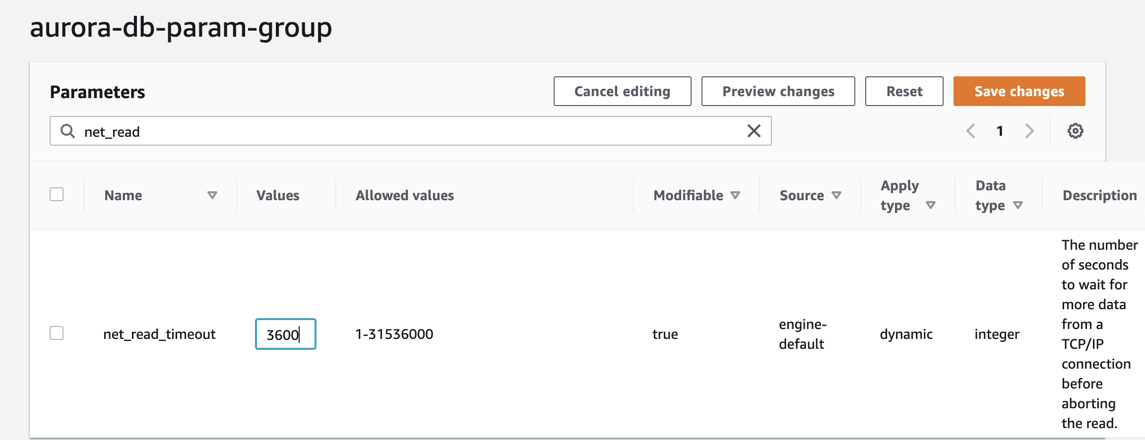 DB Parameter Group parameter values after editing