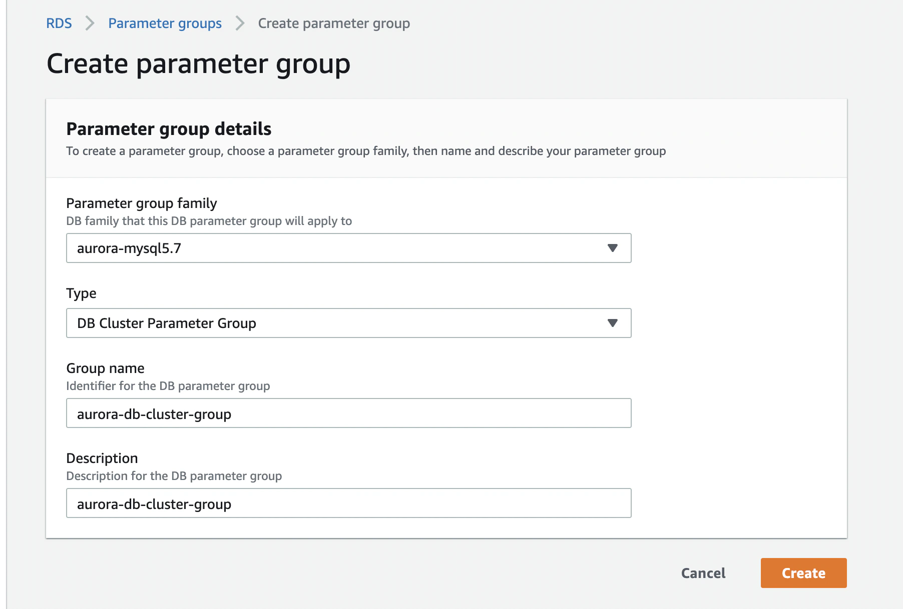 Creating a new DB Cluster Parameter Group in the AWS RDS console