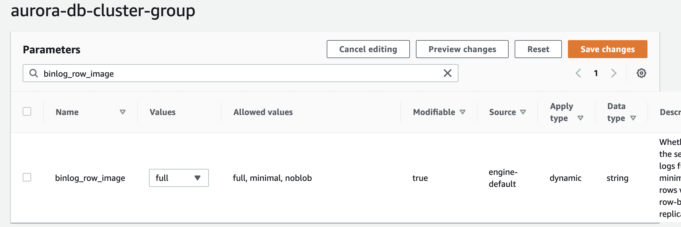 Additional DB Cluster Parameter Group configuration parameters