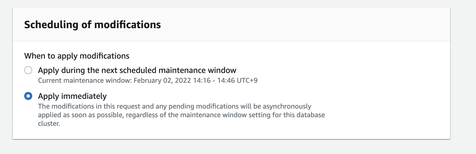 Confirming parameter group changes with Apply Immediately selected