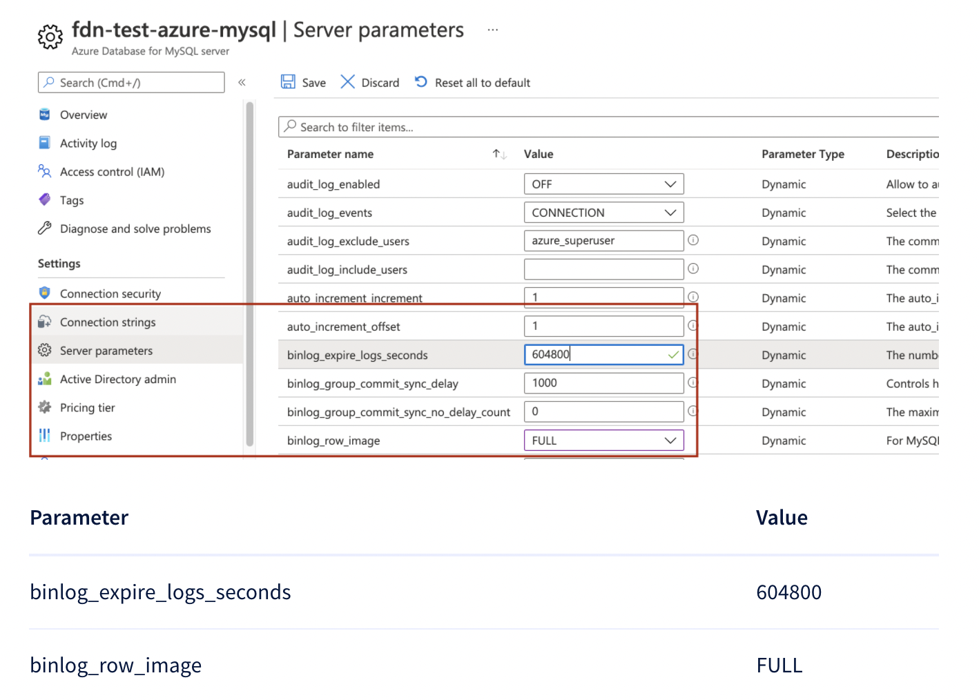 Azure MySQL server parameters page with binary logging settings
