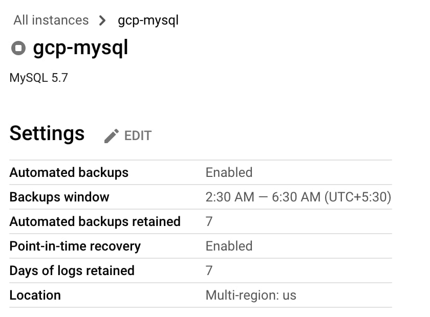 Google Cloud SQL backup settings with automated backups and point-in-time recovery enabled