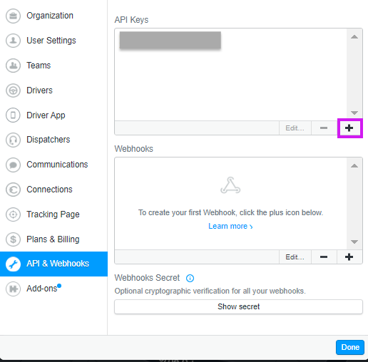 Onfleet API and Webhooks tab with add API key button