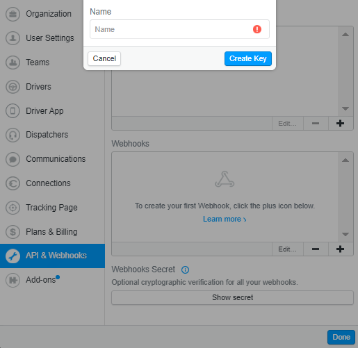 Onfleet new API key name input dialog