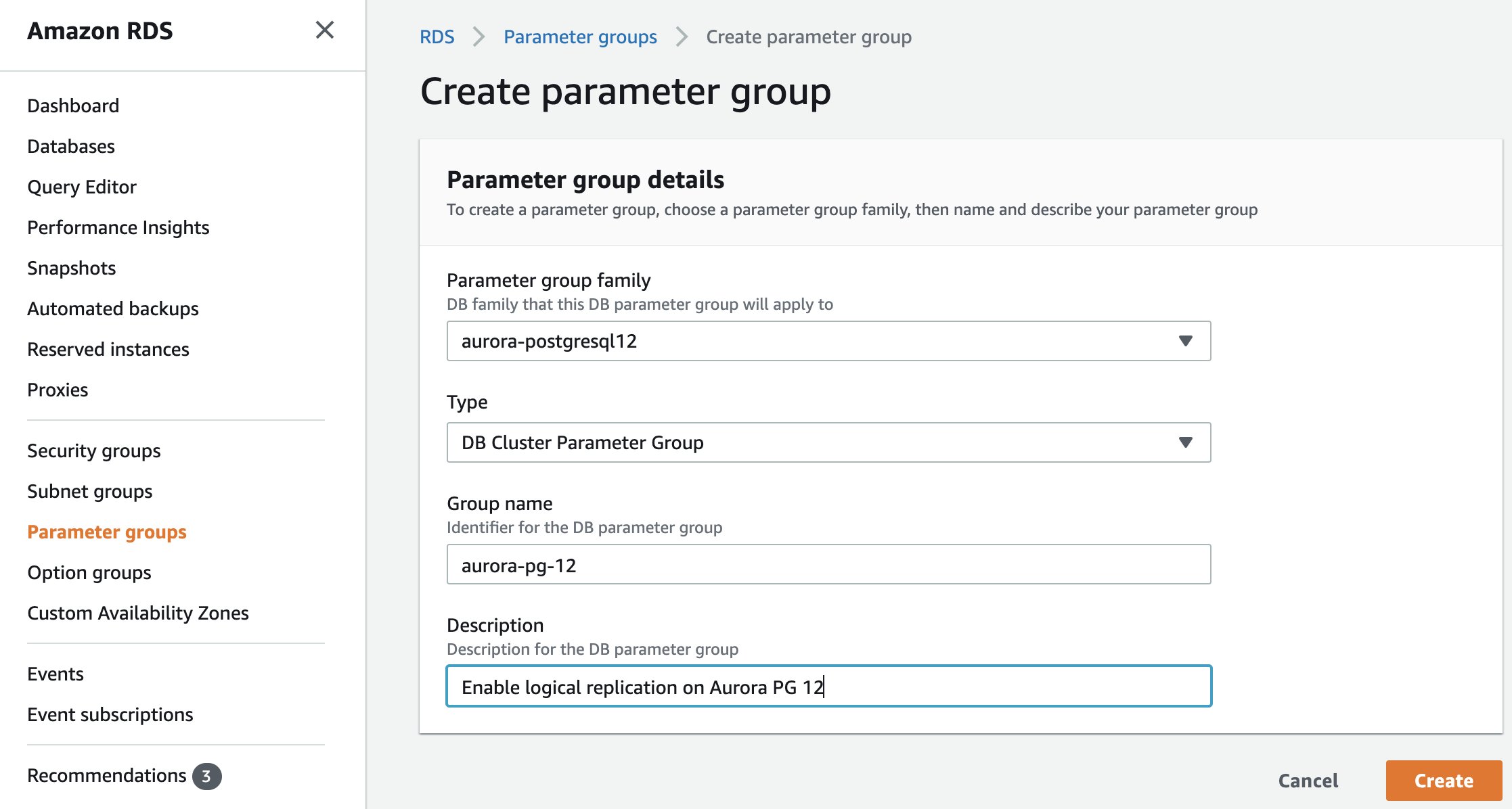 Creating a DB Cluster Parameter Group for Aurora PostgreSQL in AWS RDS