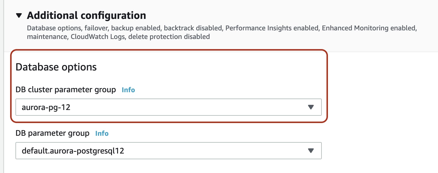 Applying the parameter group to the Aurora PostgreSQL database instance