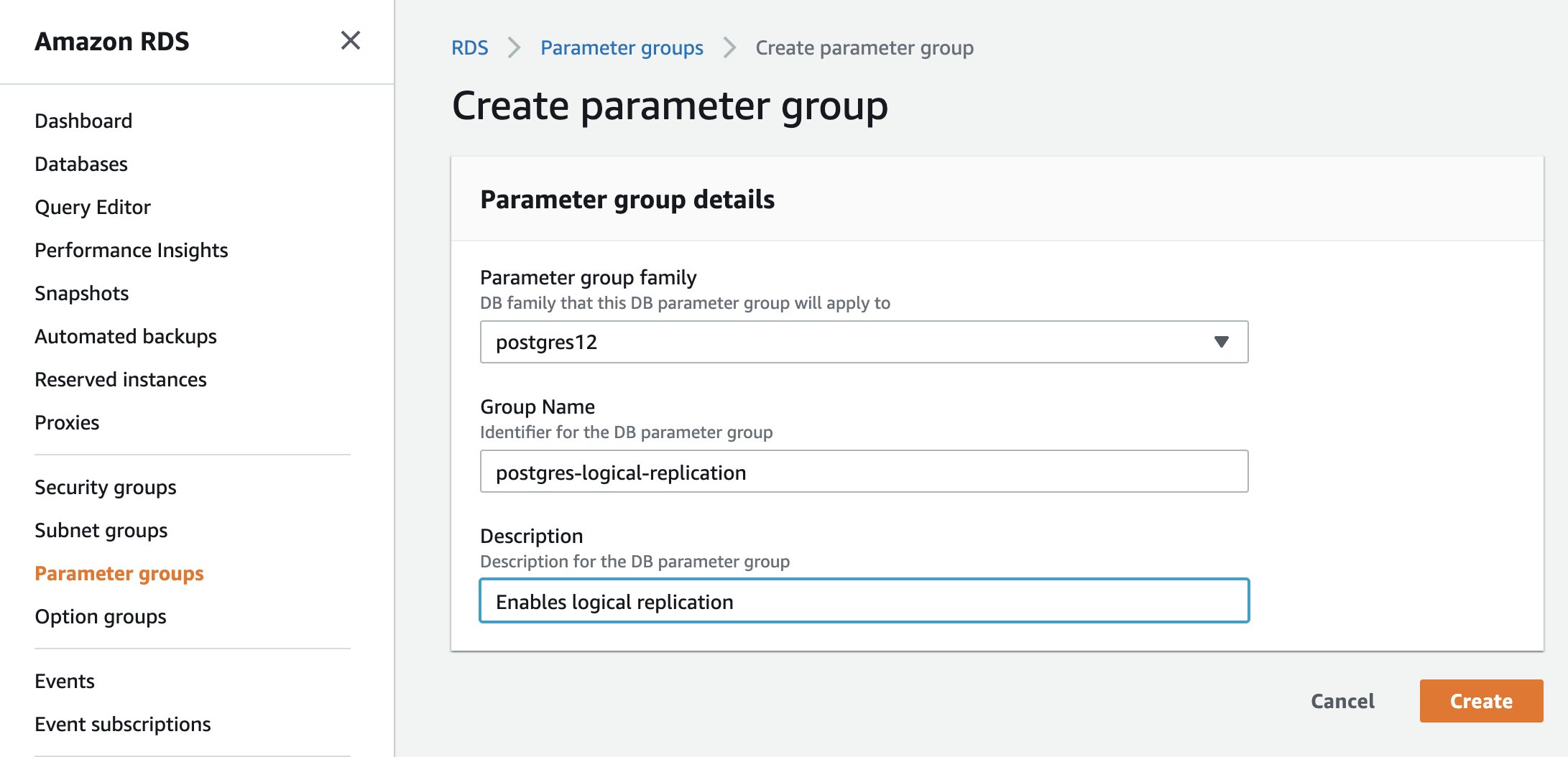 Creating a new parameter group for PostgreSQL in AWS RDS console