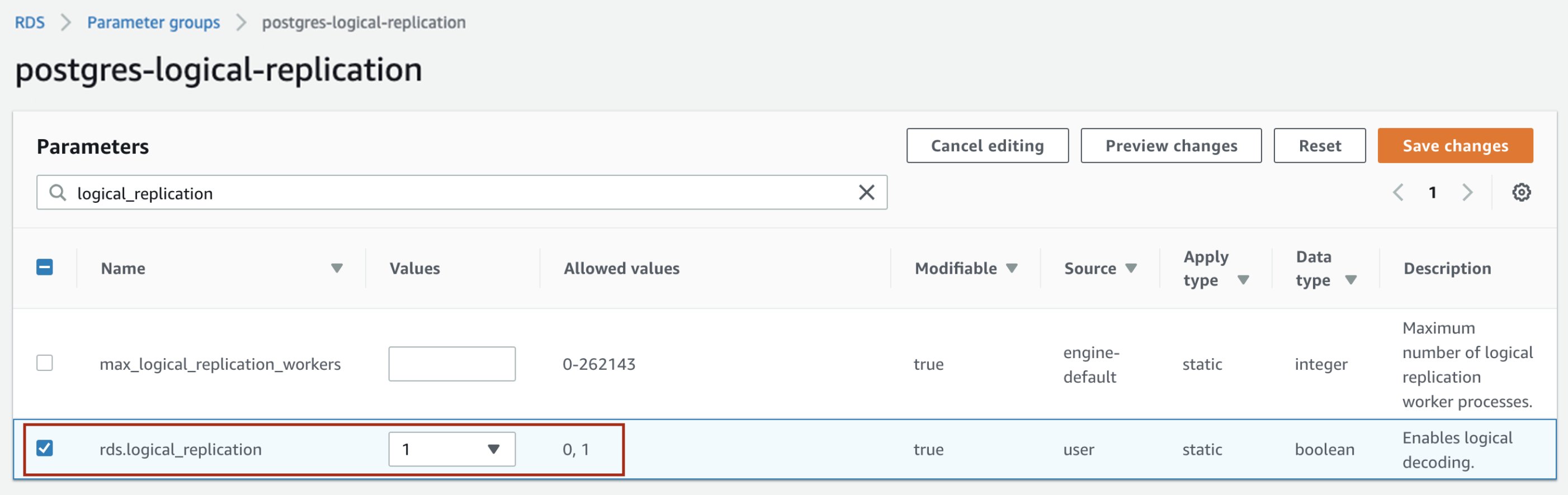 Setting rds.logical_replication parameter to 1 in the parameter group