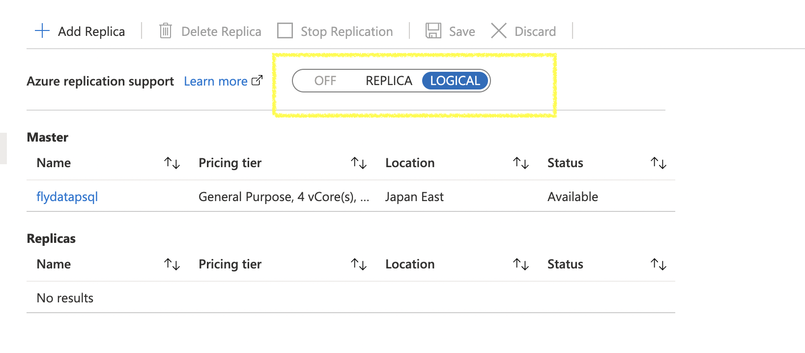Azure PostgreSQL replication settings with LOGICAL support enabled