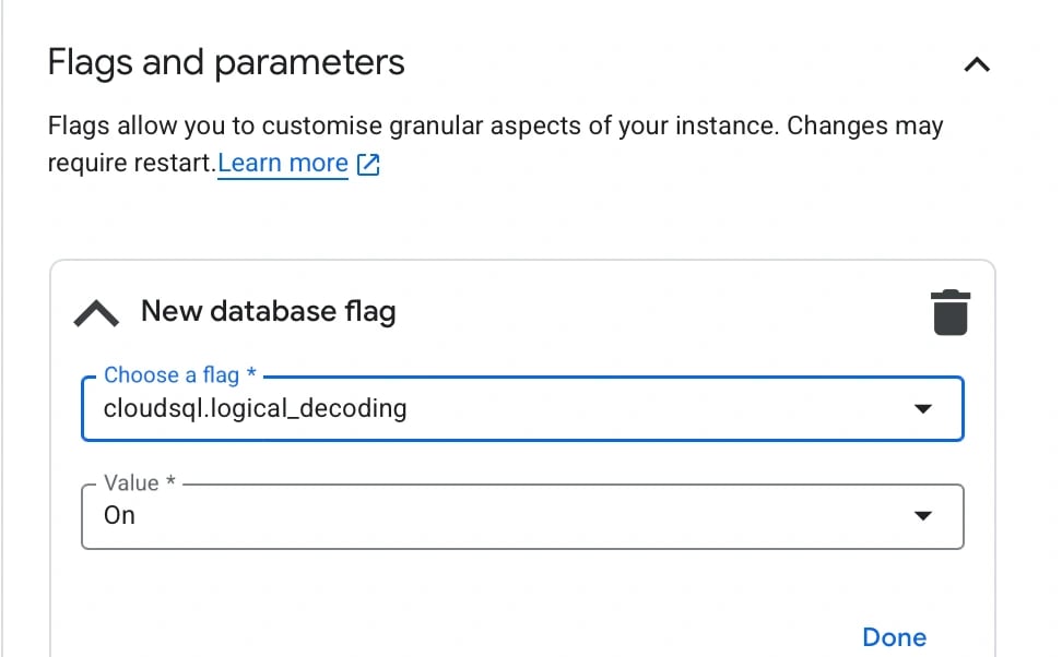 Saving the logical decoding flag changes in Cloud SQL instance settings