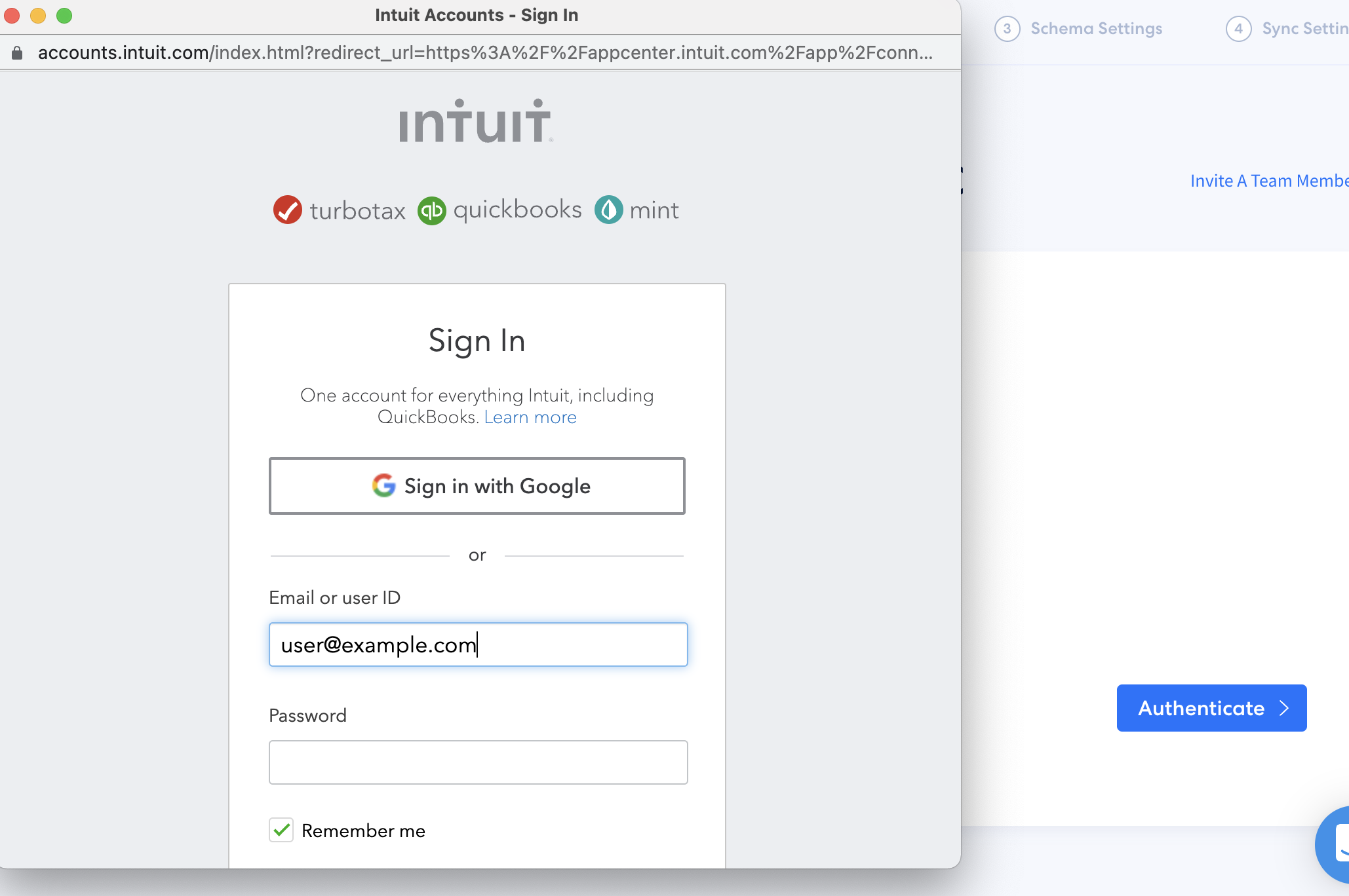 Intuit QuickBooks OAuth login prompt