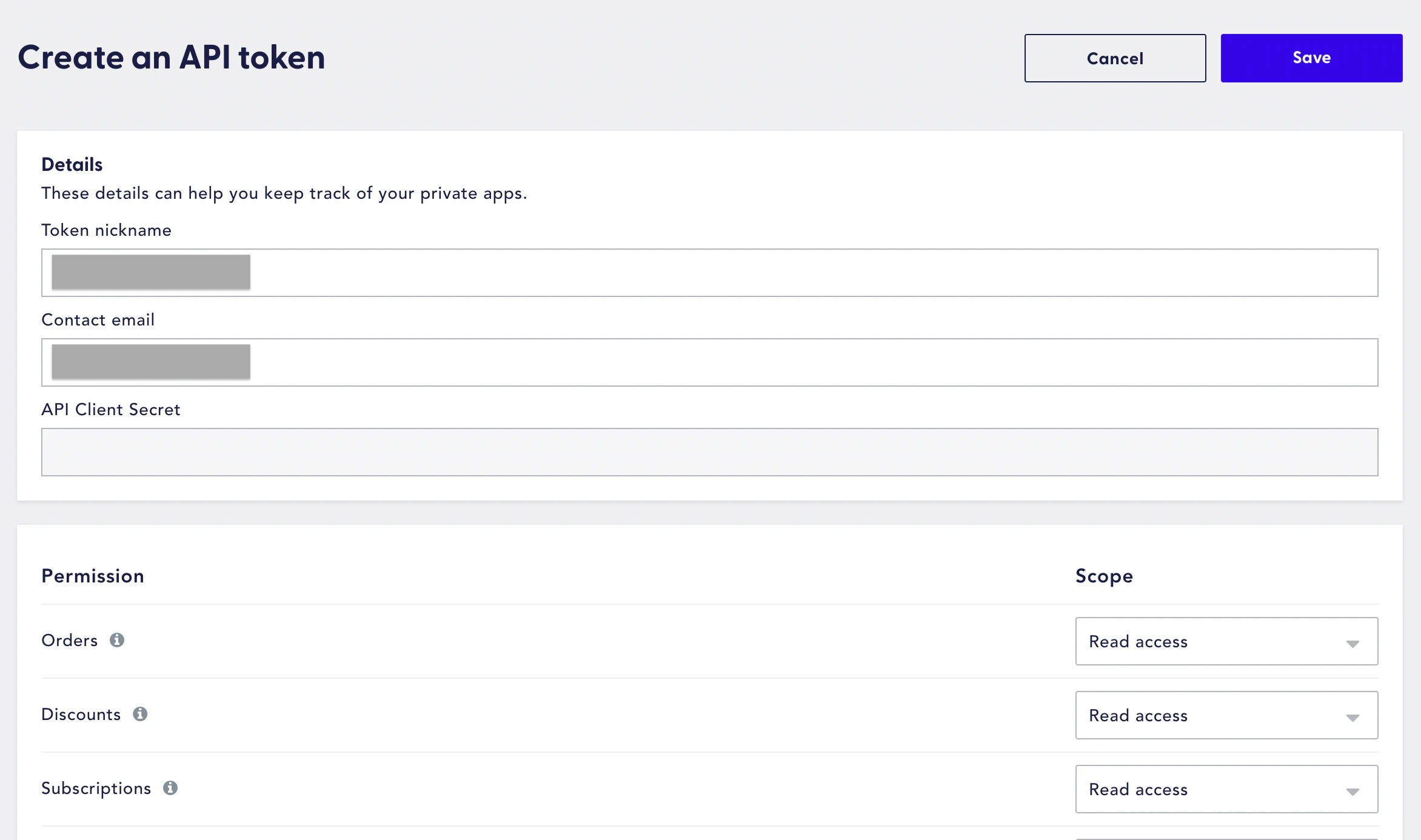 ReCharge token details form with name, email, and Read access scope