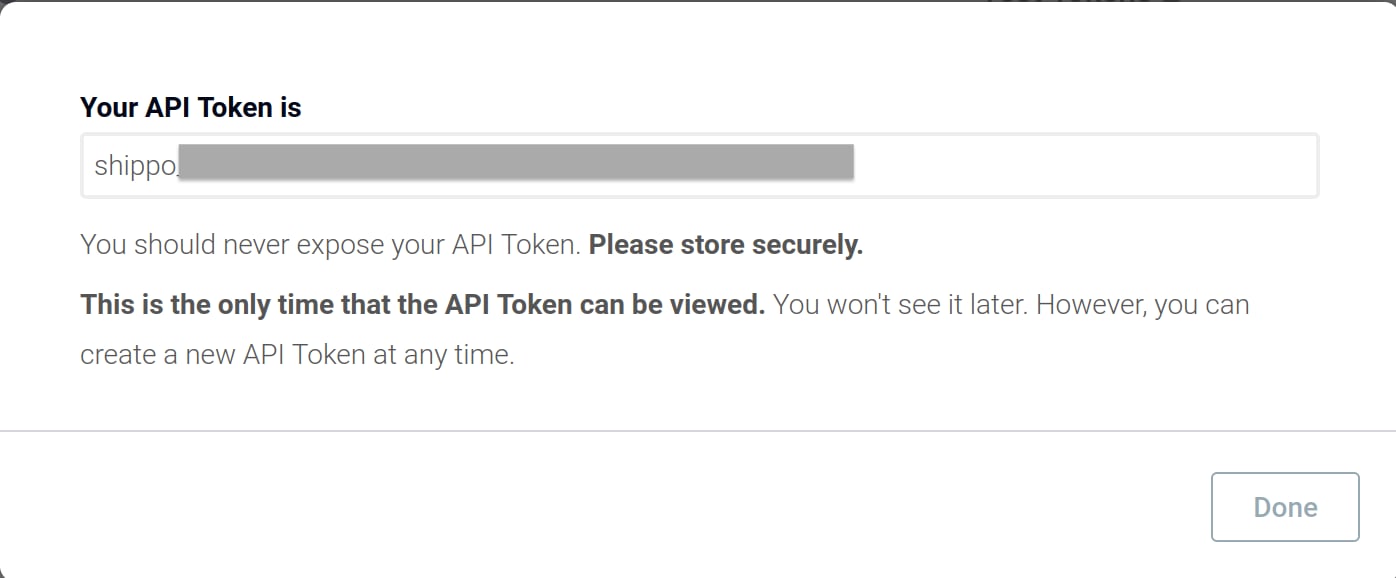 Shippo generated API token ready to copy