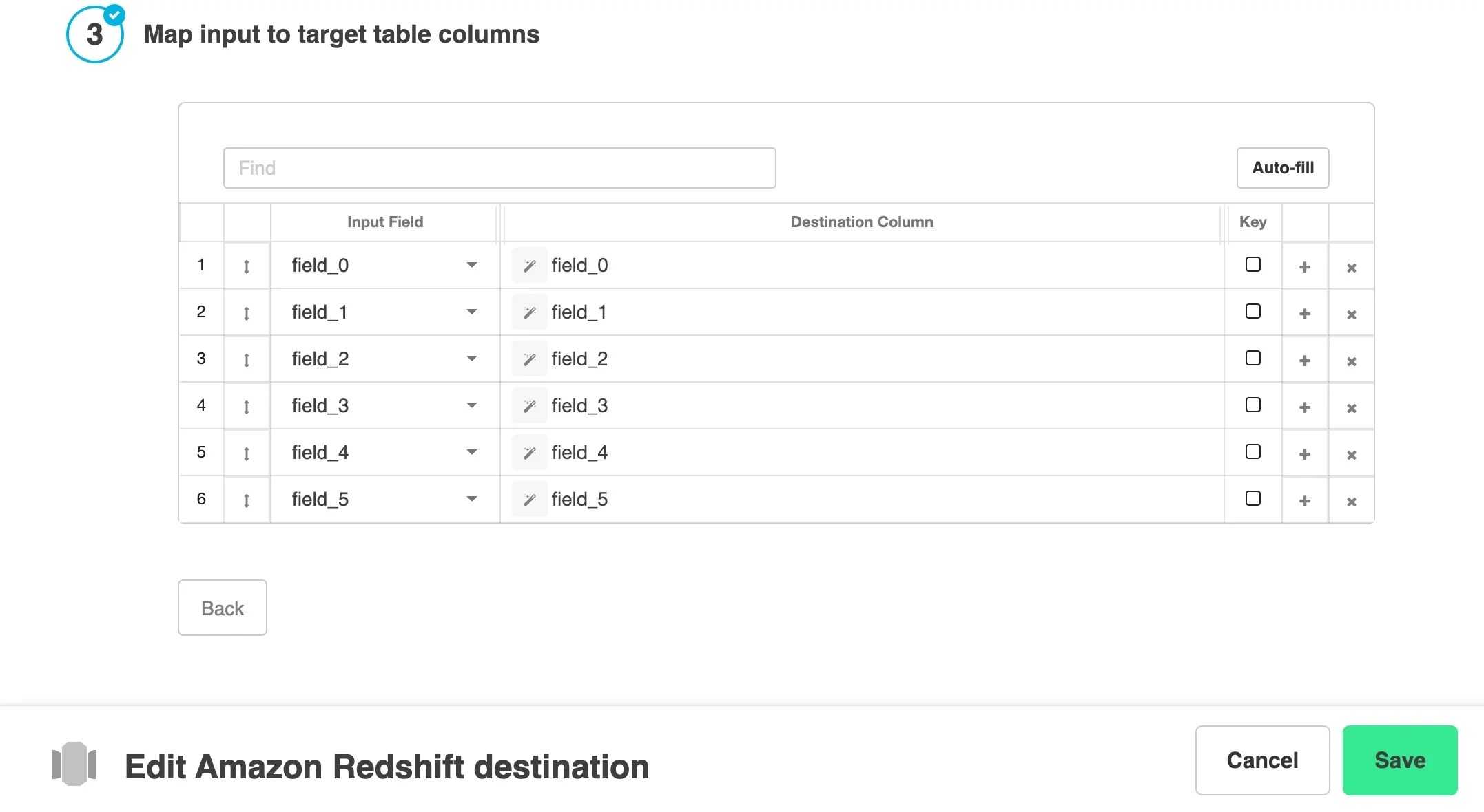 Schema mapping with auto-filled fields and merge key selection