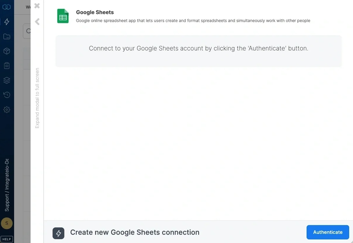 Google Sheets connection window with Authenticate button