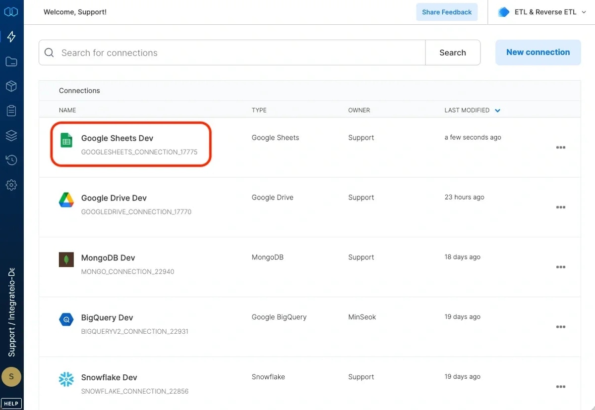 Naming the Google Sheets connection and clicking Create connection
