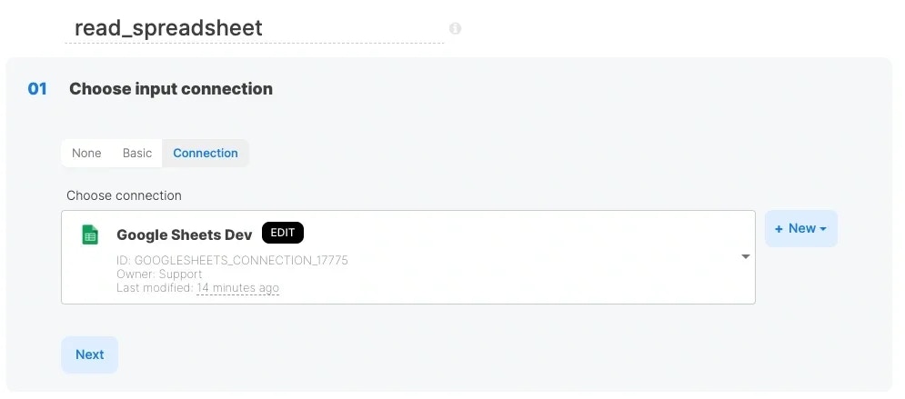 REST API component authentication with Google Sheets connection selected
