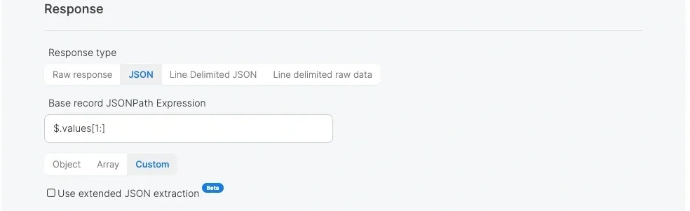 JSON response with base record JSONPath expression for values